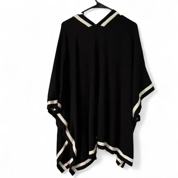 Chico's L/XL Black White Striped Open Front Poncho Cardigan Cashmere Blend Wrap - Picture 6 of 8